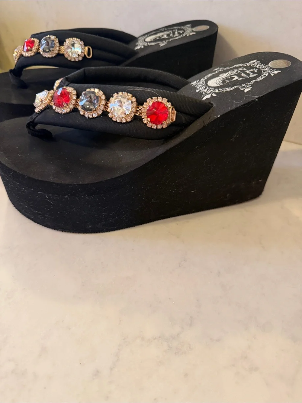 Black Women's Gem-Embellished Wedge Flip Flops - 39